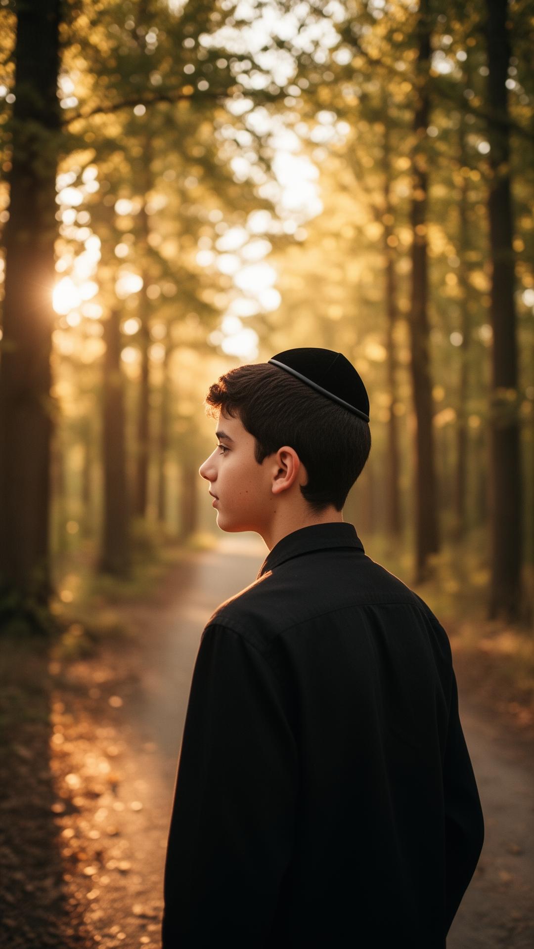 A young Jewish man wearing a black kippa walking a path through the trees at dawn